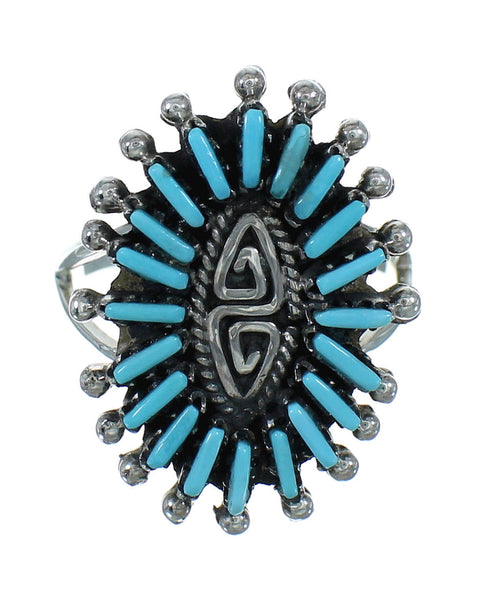 Southwestern Genuine Sterling Silver Turquoise Needlepoint Water Wave Ring Size 6-1/2 QX84759